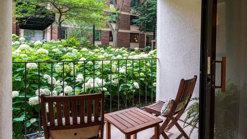 Balcony with wooden chairs and a table, overlooking a lush garden of white hydrangeas and distant buildings.