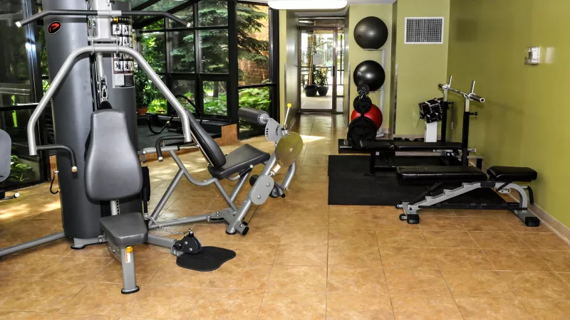 Gym with a multi-station weight machine, leg press, weight bench, and exercise balls. Green walls, large windows.