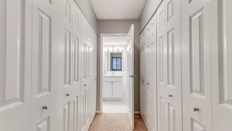 Walk-through closet hallway with white bifold doors, tan carpet, leading to a bright bathroom with a white vanity.