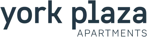 York Plaza Apartments logo with dark blue text on a black background. "York Plaza" is larger, "Apartments" is smaller.